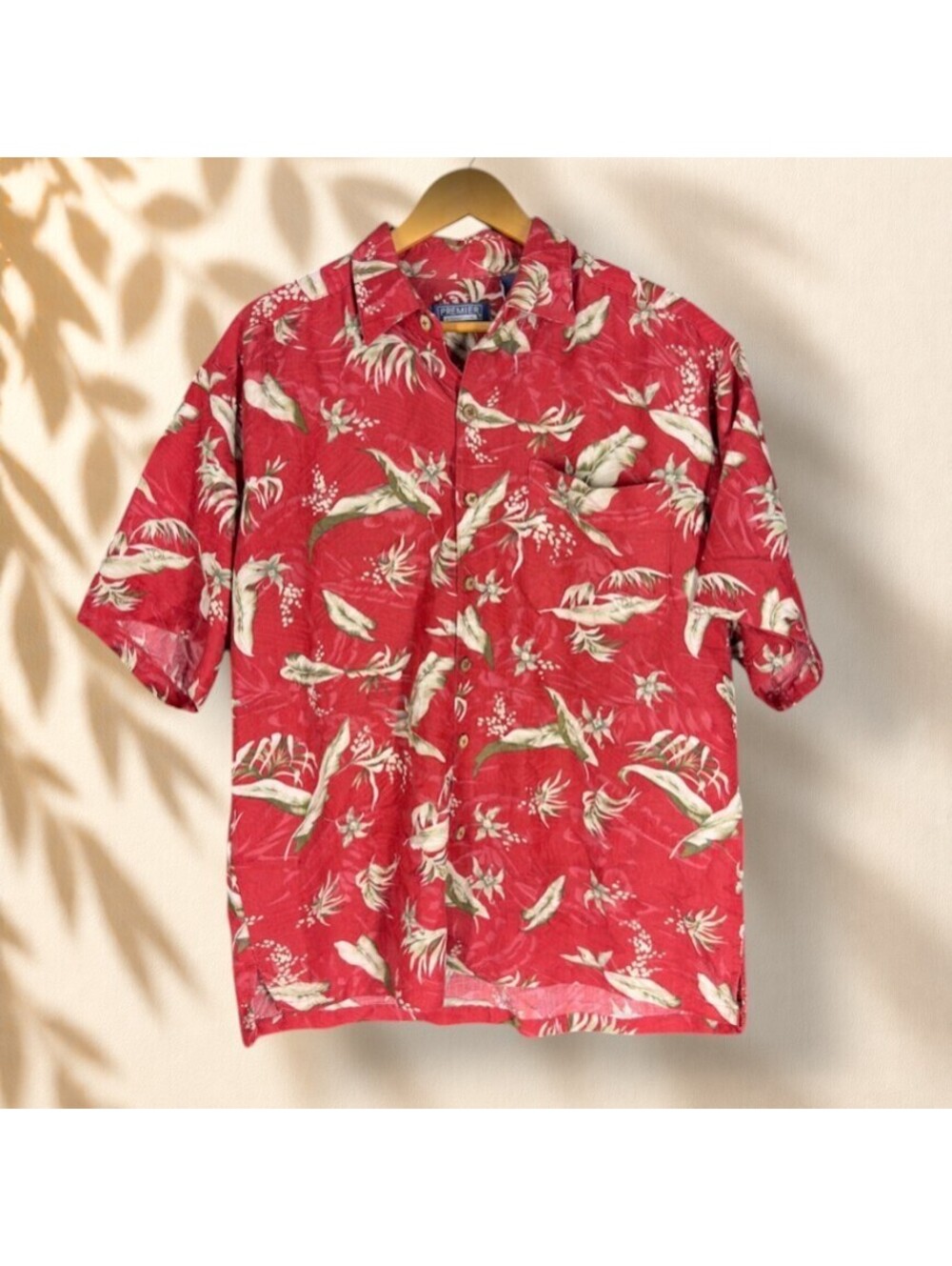 Premier Shirt Men L Large Red Floral Button Up Collared Short Sleeve Rayon